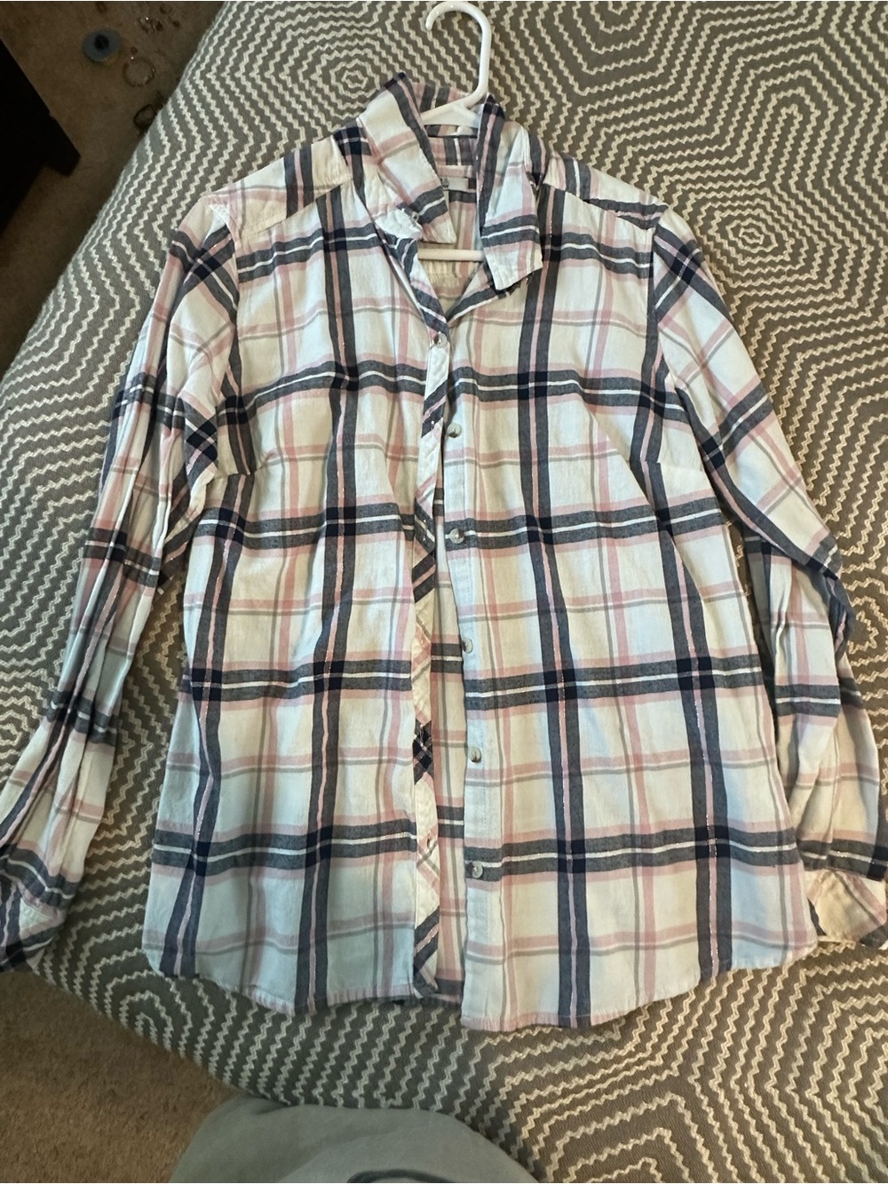 croft & barrow White Plaid Button-Down Shirt with Navy & Pink Stripes